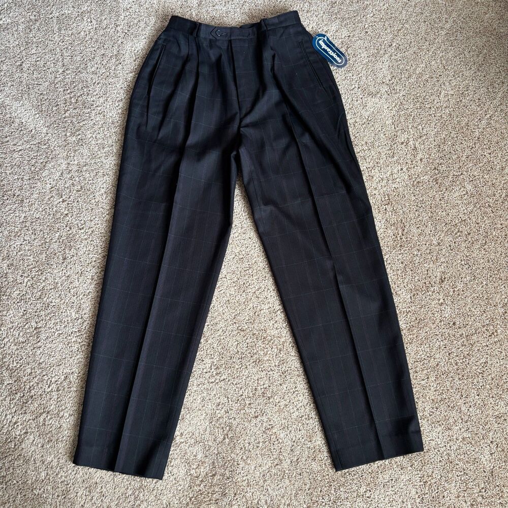 Vintage Trousers Womens 6* Navy Plaid Pleated Tapered Leg High Waist NWT